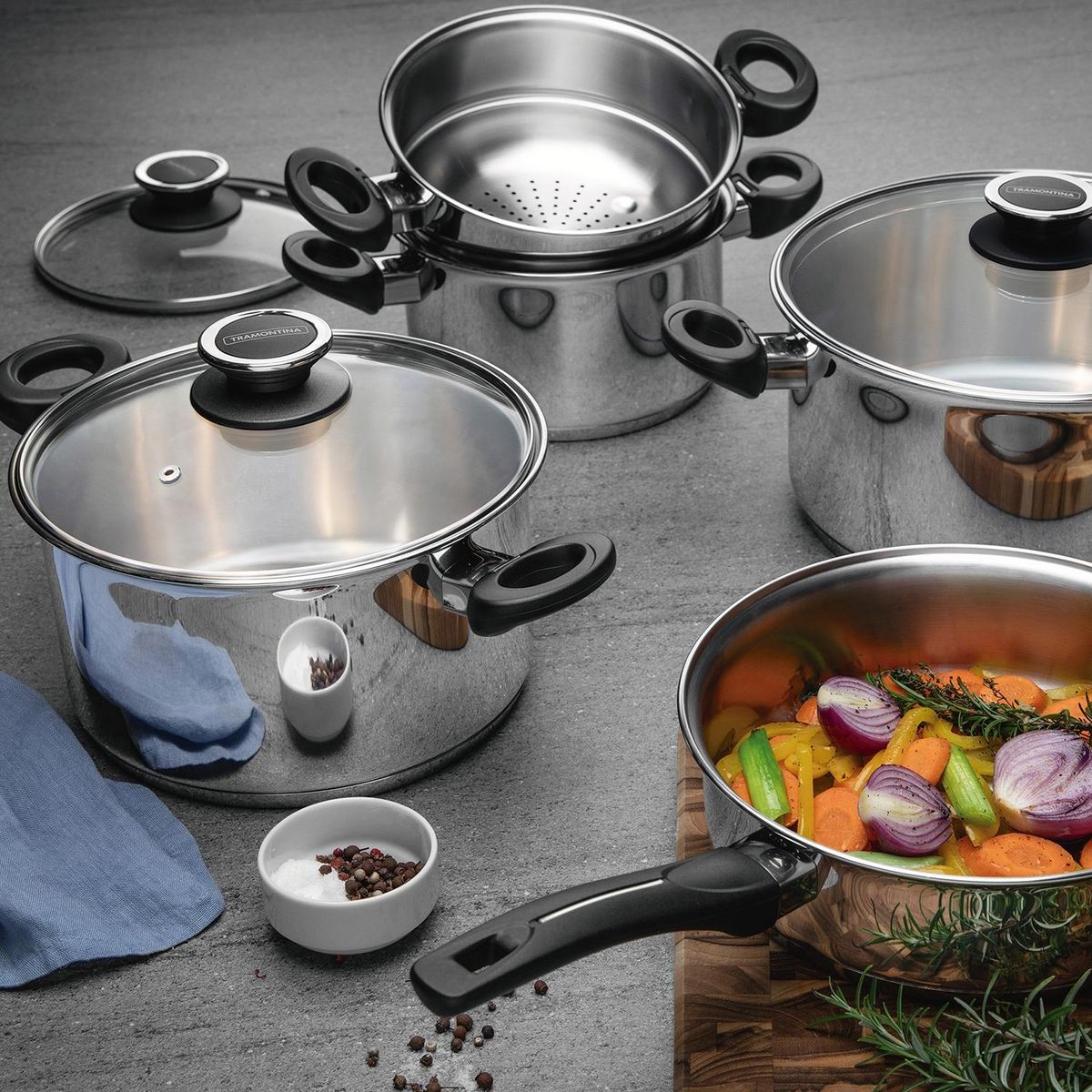TRAMONTINA - Juego de Ollas 5 Piezas Acero Inoxidable Solar