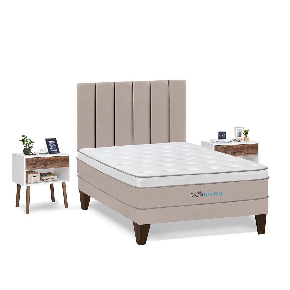 DROM - Dormitorio Europeo Natten 2 Plz + 2 Veladores + 2 Almohadas Viscoelásticas + Protector