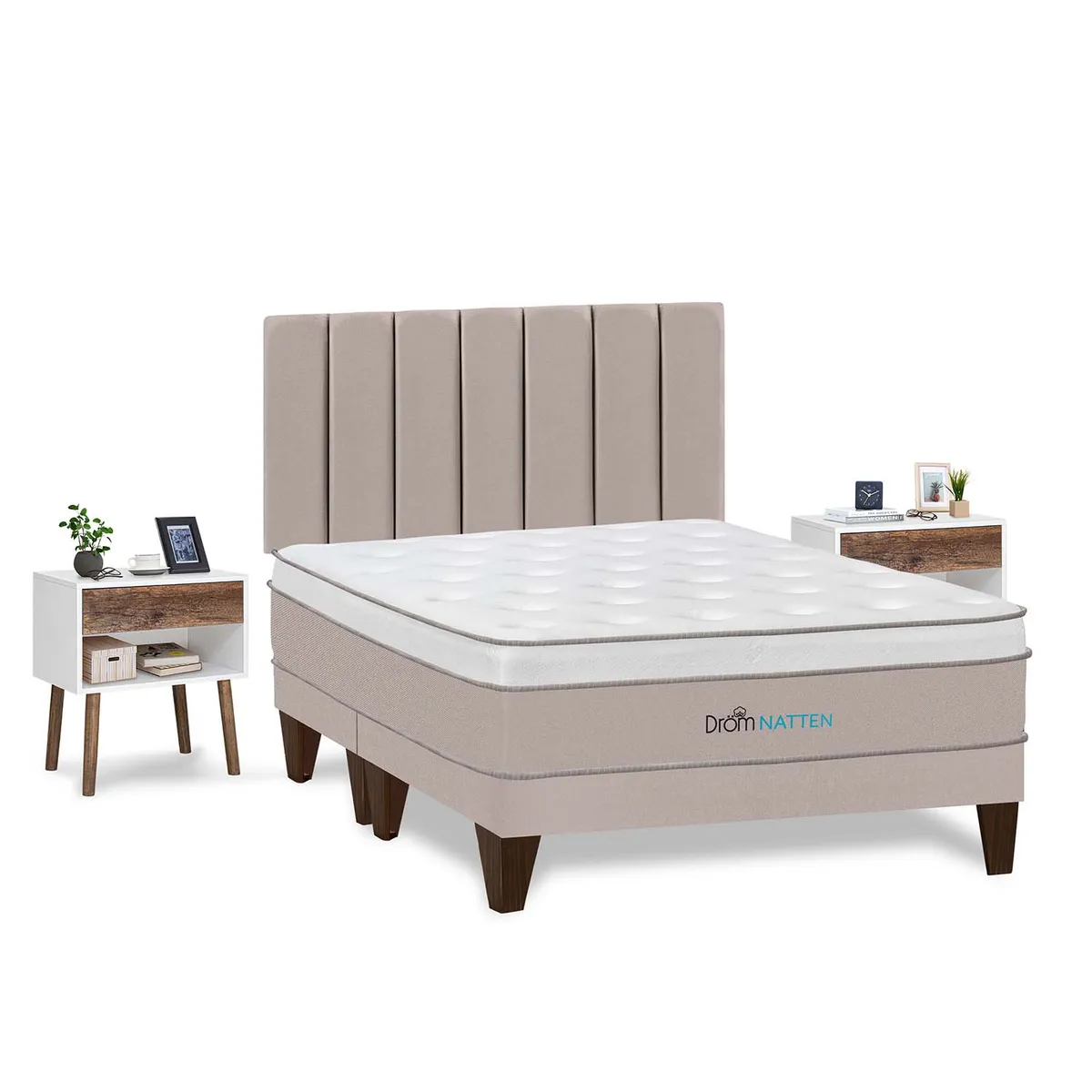 DROM - Dormitorio Europeo Natten Queen + 2 Veladores + 2 Almohadas Viscoelásticas + Protector