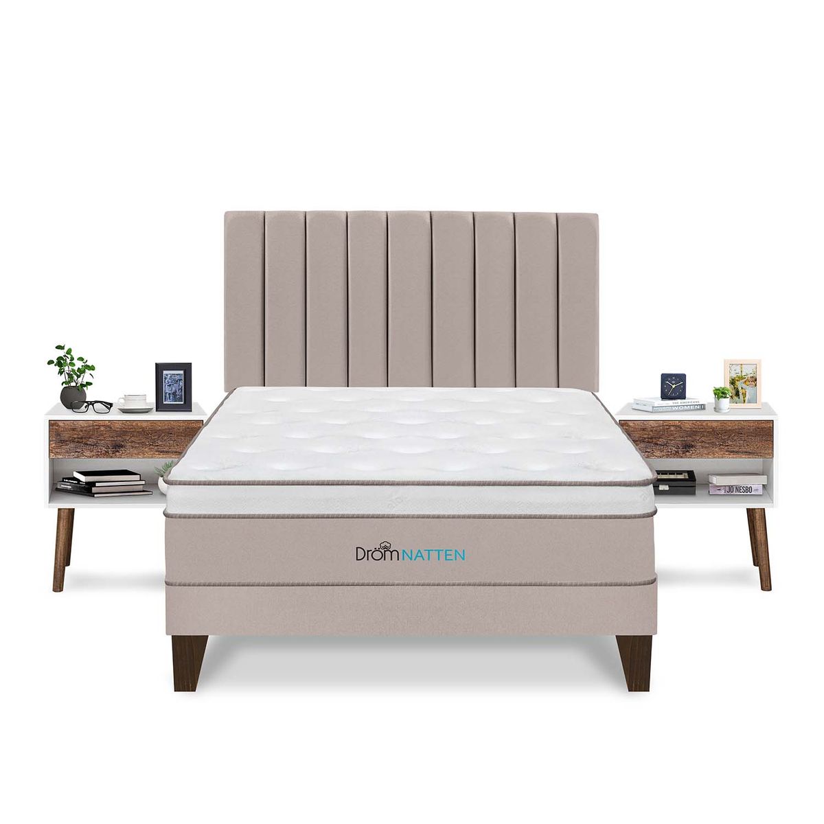 DROM - Dormitorio Europeo Natten King + 2 Veladores + 2 Almohadas Viscoelásticas + Protector