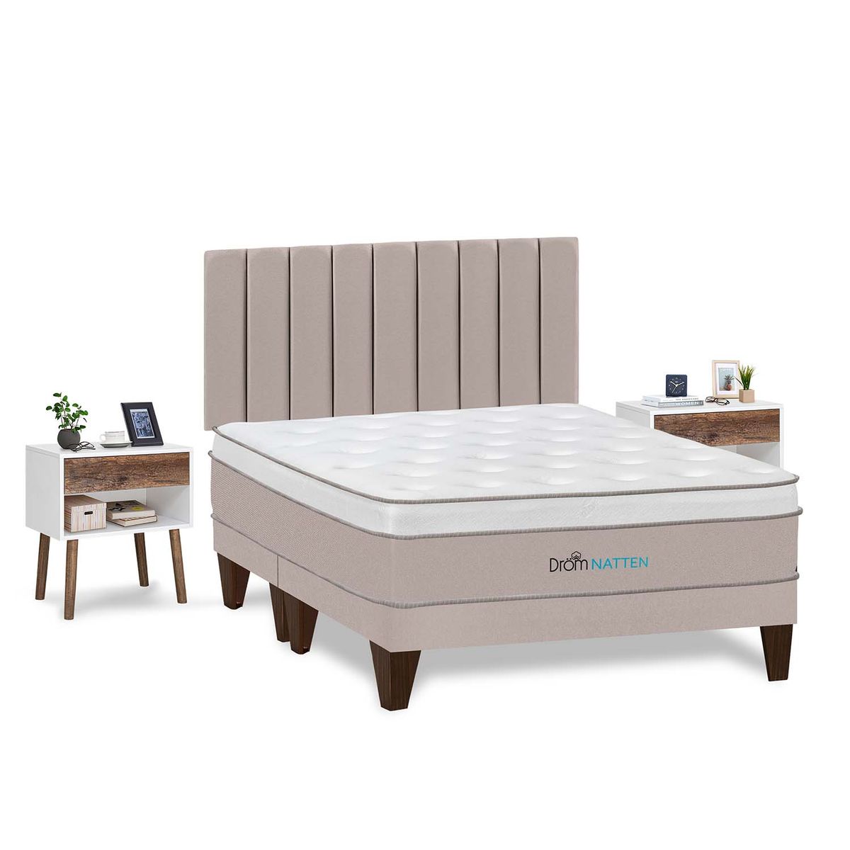 DROM - Dormitorio Europeo Natten King + 2 Veladores + 2 Almohadas Viscoelásticas + Protector