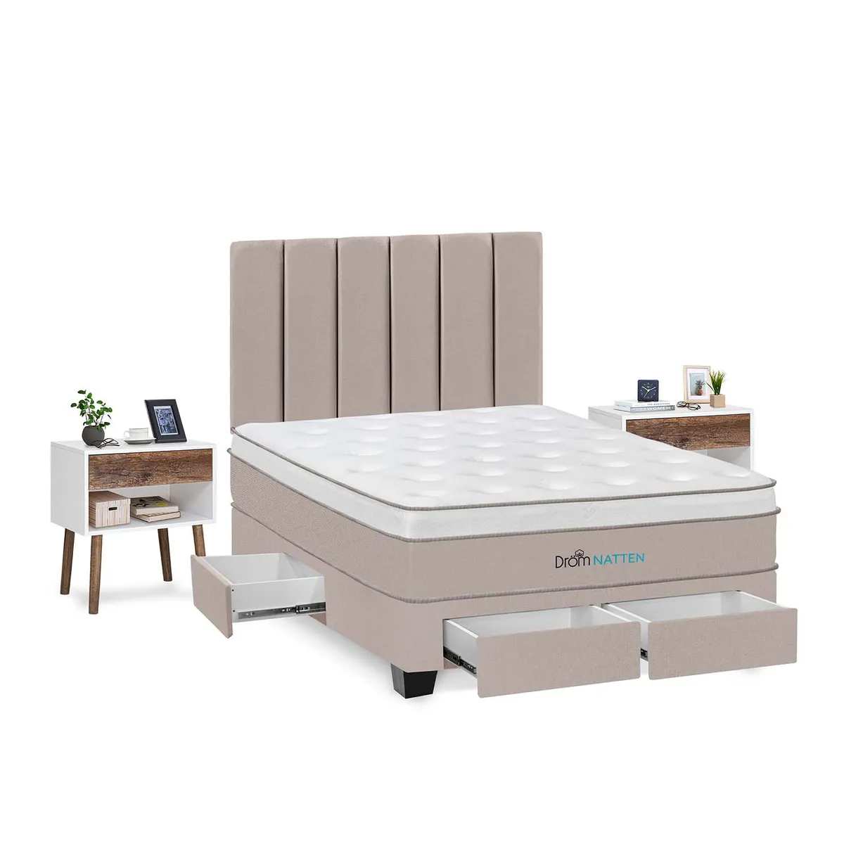 DROM - Dormitorio Con Cajones Natten 2 Plz + 2 Veladores + 2 Almohadas Viscoelásticas + Protector
