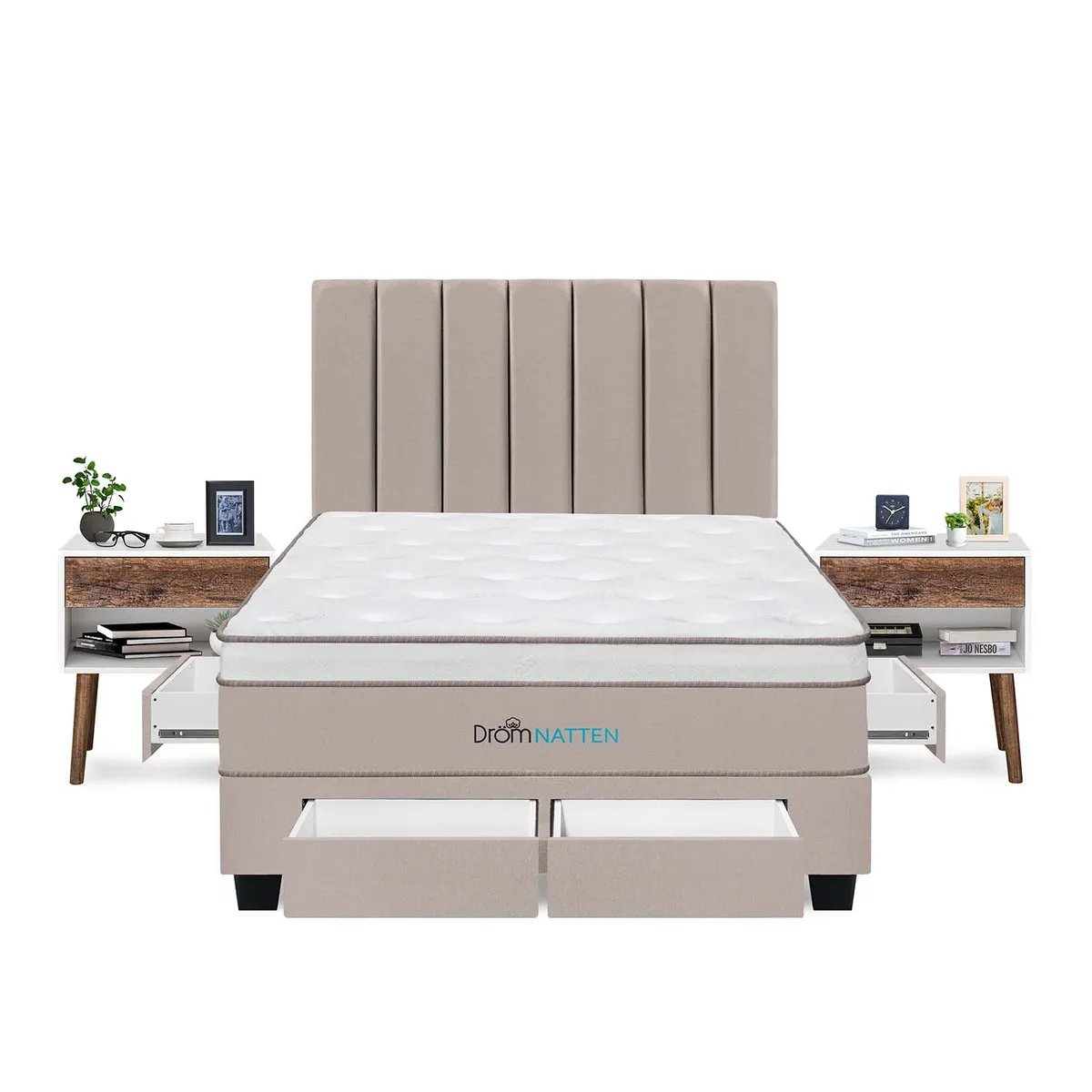 DROM - Dormitorio Con Cajones Natten Queen + 2 Veladores + 2 Almohadas Viscoelásticas + Protector