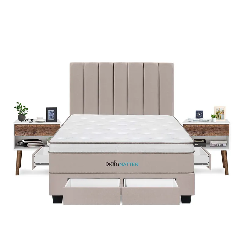 DROM - Dormitorio Con Cajones Natten Queen + 2 Veladores + 2 Almohadas Viscoelásticas + Protector