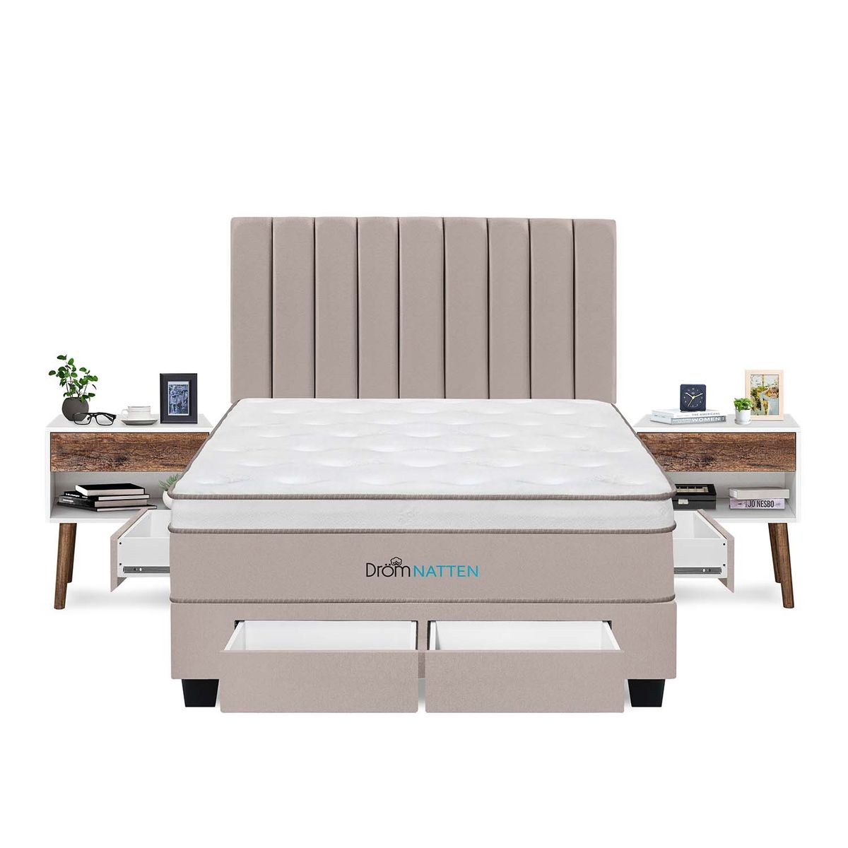 DROM - Dormitorio Con Cajones Natten King + 2 Veladores + 2 Almohadas Viscoelásticas + Protector