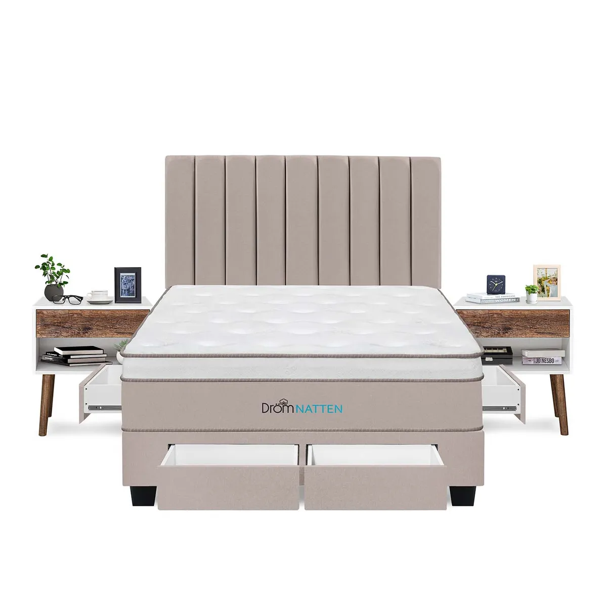 DROM - Dormitorio Con Cajones Natten King + 2 Veladores + 2 Almohadas Viscoelásticas + Protector
