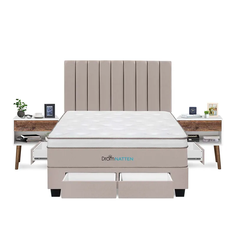 DROM - Dormitorio Con Cajones Natten King + 2 Veladores + 2 Almohadas Viscoelásticas + Protector