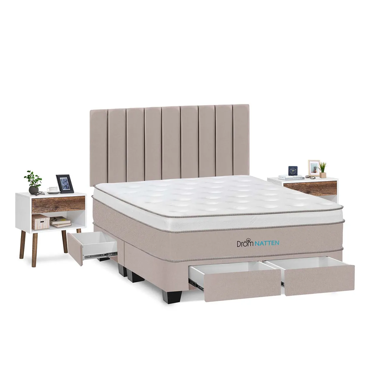 DROM - Dormitorio Con Cajones Natten King + 2 Veladores + 2 Almohadas Viscoelásticas + Protector