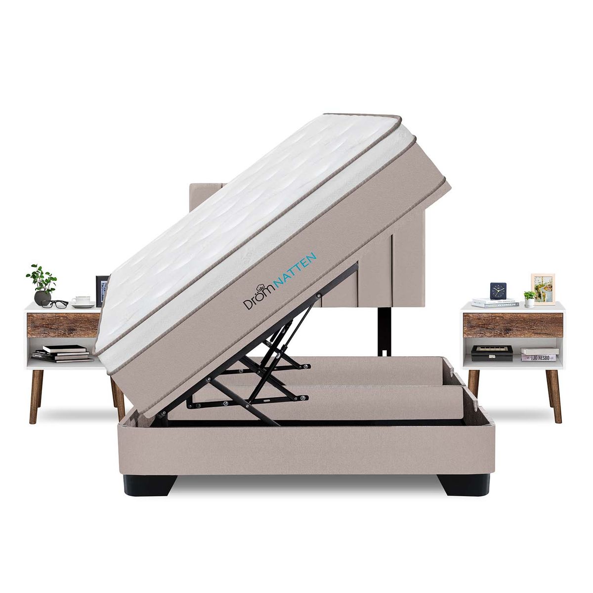 DROM - Dormitorio Boxet Natten Queen + 2 Veladores + 2 Almohadas Viscoelásticas + Protector