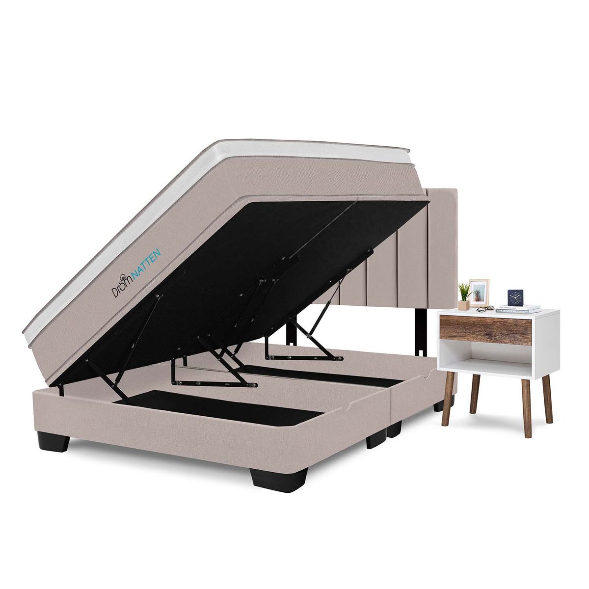 DROM - Dormitorio Boxet Natten Queen + 2 Veladores + 2 Almohadas Viscoelásticas + Protector