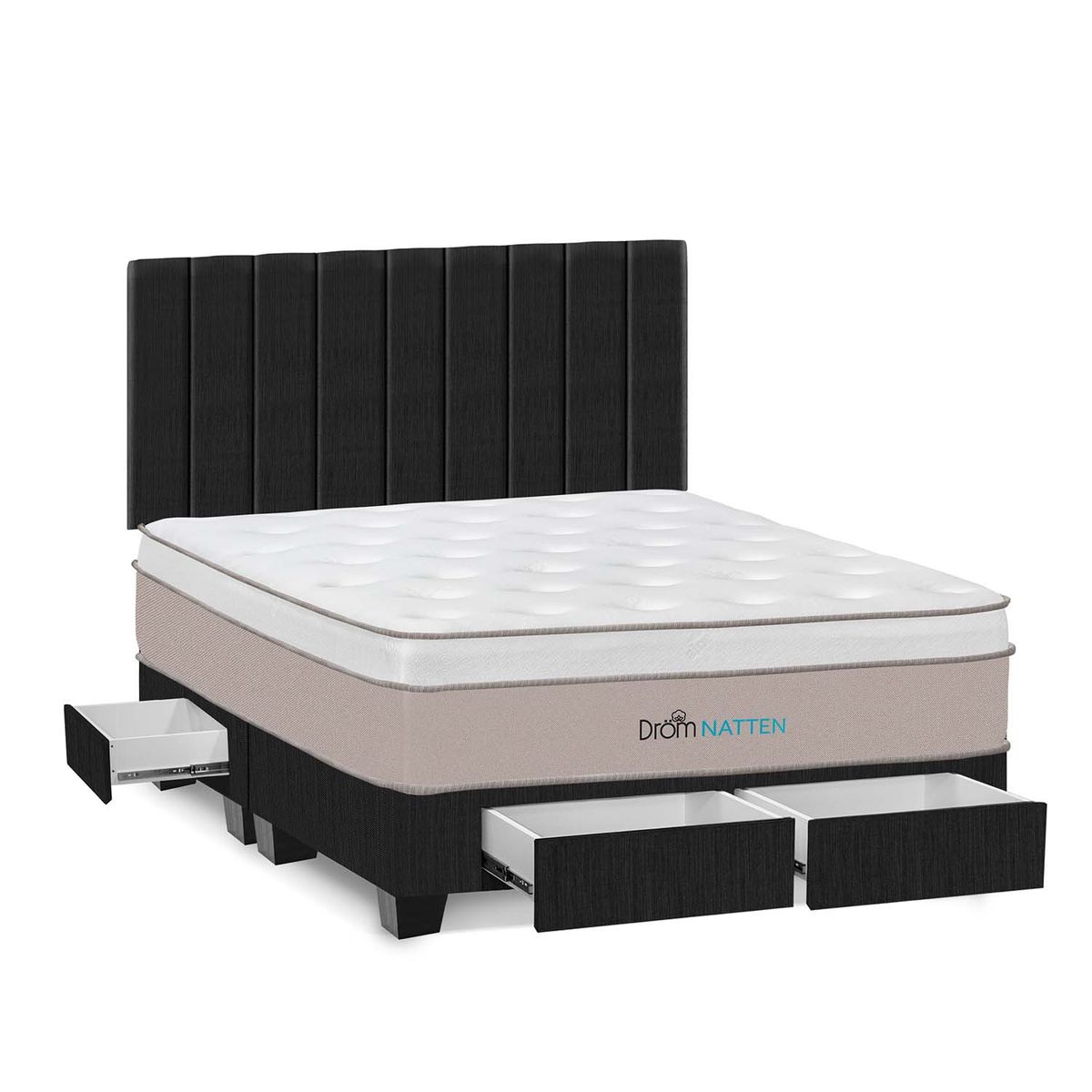 DROM - Dormitorio Con Cajones Natten King + 2 Almohadas Viscoelásticas + Protector