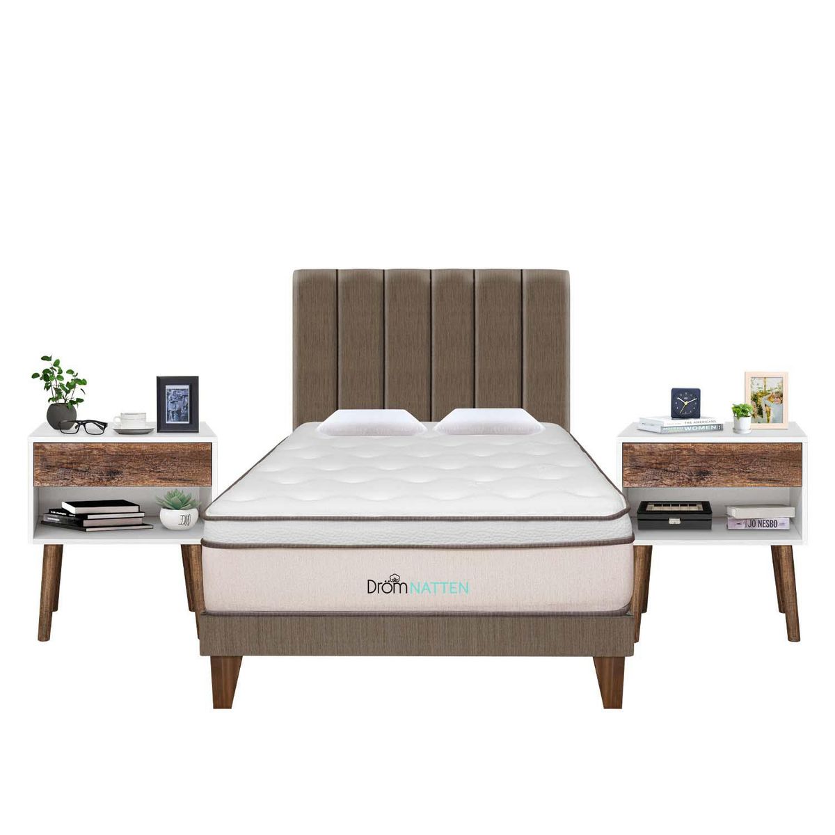 DROM - Dormitorio Europeo Natten 2 Plz + 2 Veladores + 2 Almohadas Viscoelásticas + Protector