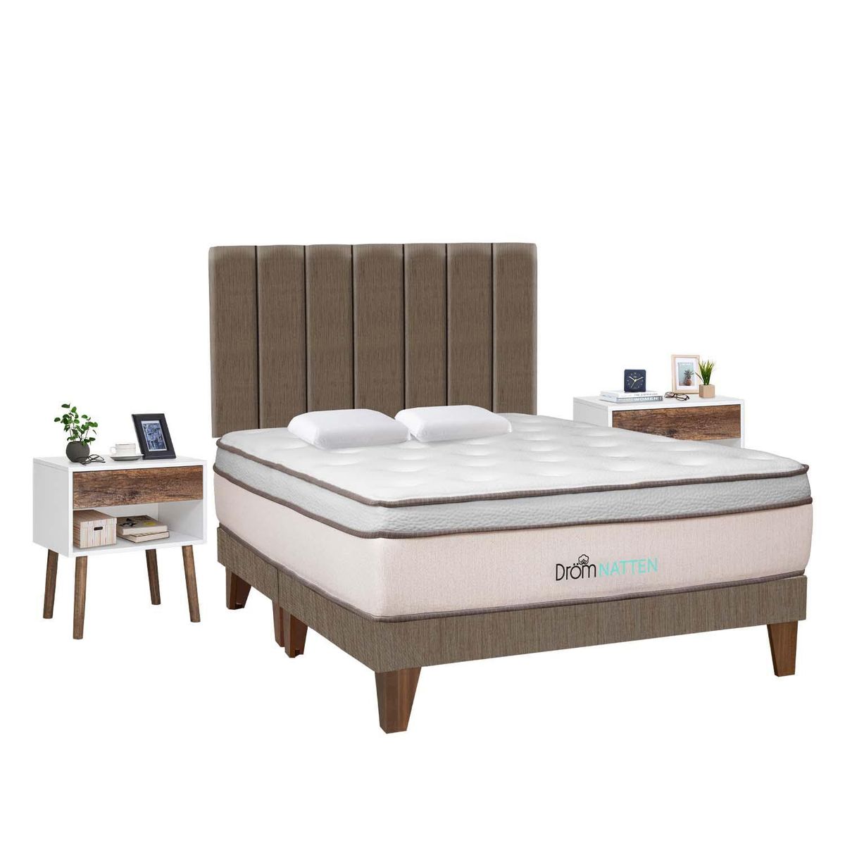 DROM - Dormitorio Europeo Natten Queen + 2 Veladores + 2 Almohadas Viscoelásticas + Protector