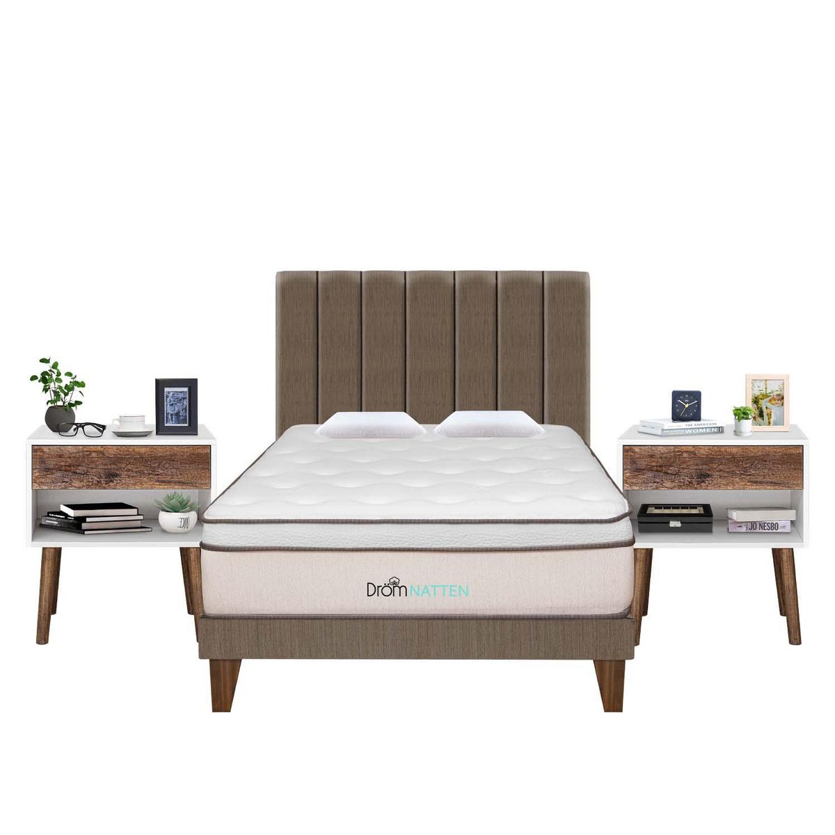 DROM - Dormitorio Europeo Natten Queen + 2 Veladores + 2 Almohadas Viscoelásticas + Protector