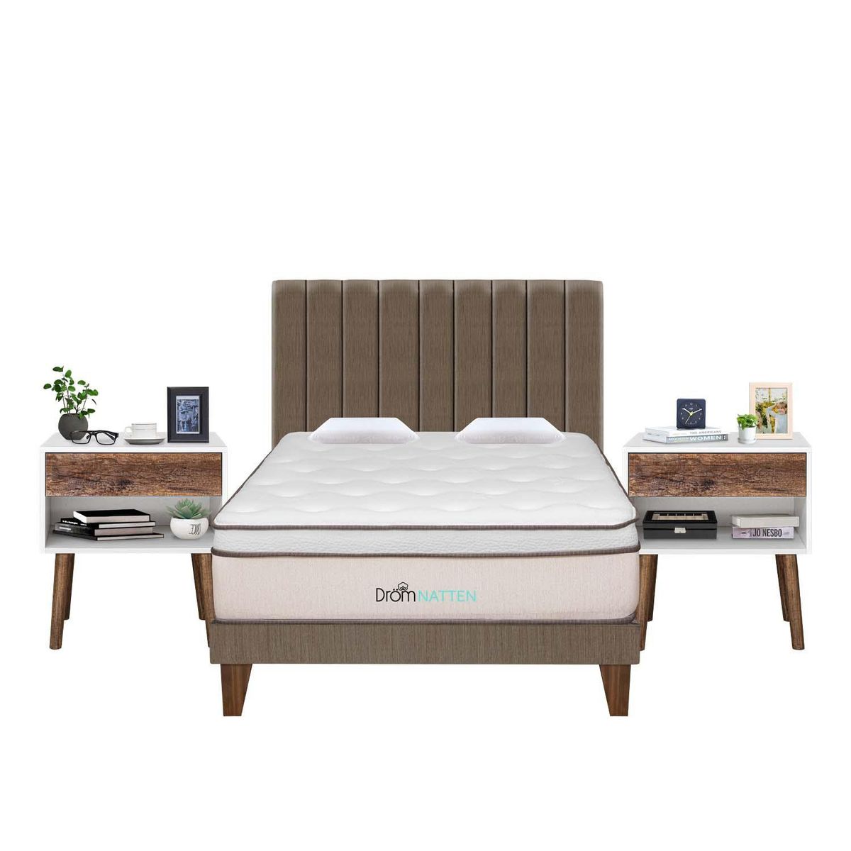 DROM - Dormitorio Europeo Natten King + 2 Veladores + 2 Almohadas Viscoelásticas + Protector