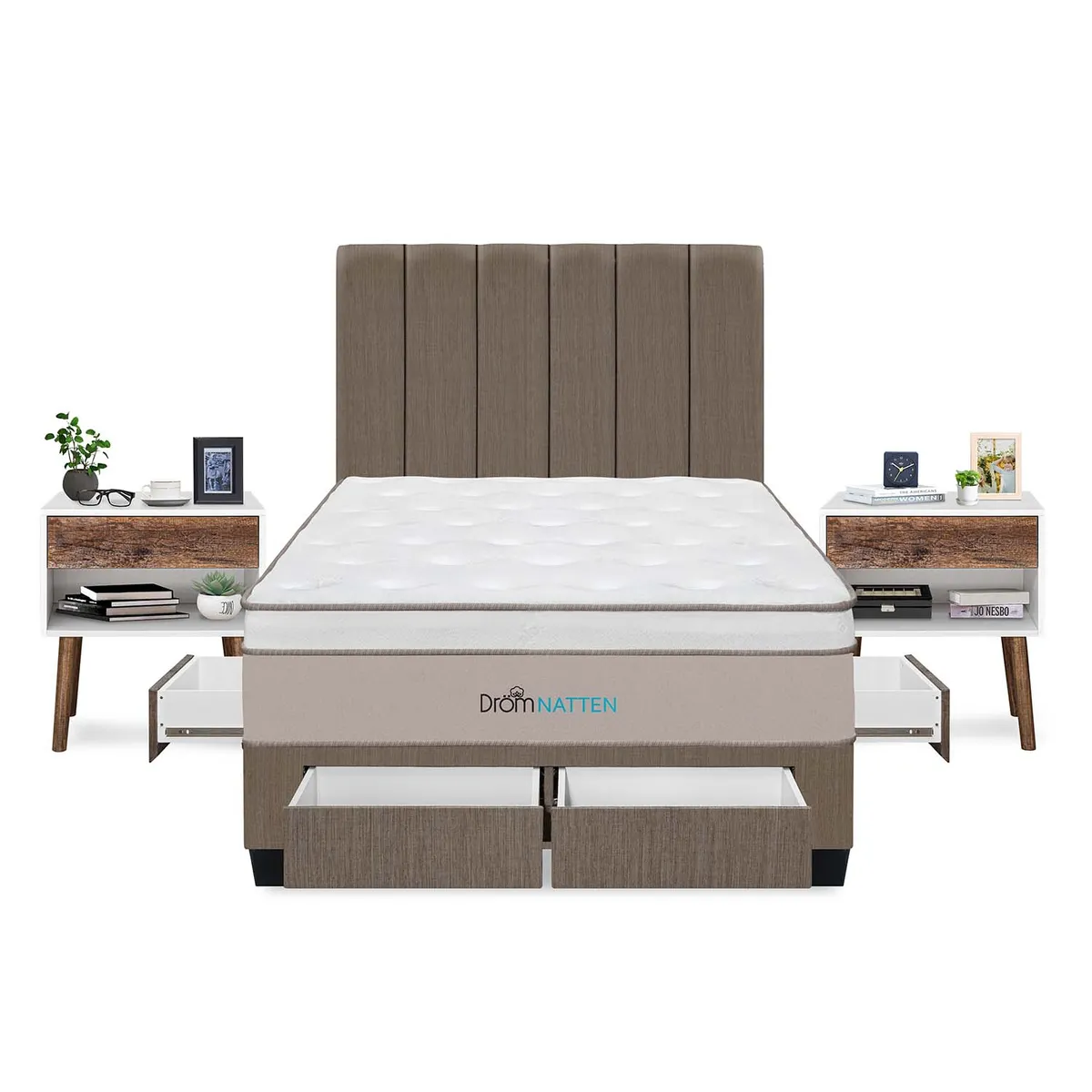 DROM - Dormitorio Con Cajones Natten 2 Plz + 2 Veladores + 2 Almohadas Viscoelásticas + Protector