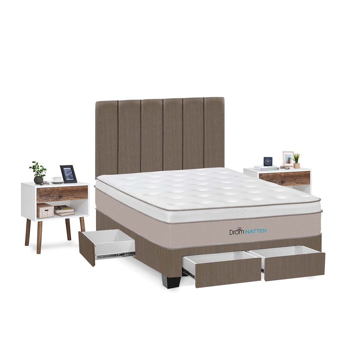 DROM - Dormitorio Con Cajones Natten 2 Plz + 2 Veladores + 2 Almohadas Viscoelásticas + Protector