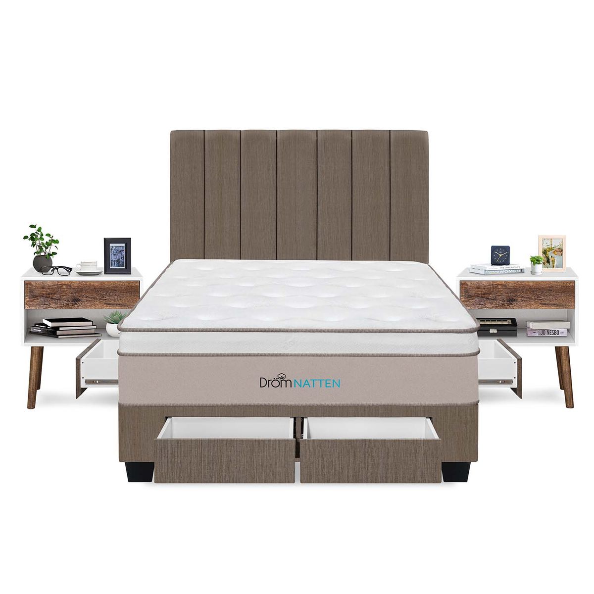 DROM - Dormitorio Con Cajones Natten Queen + 2 Veladores + 2 Almohadas Viscoelásticas + Protector