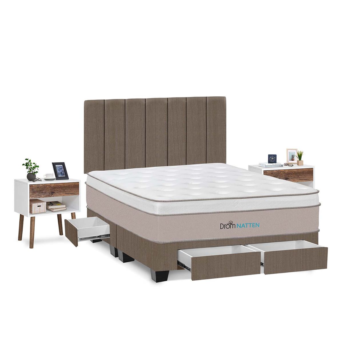 DROM - Dormitorio Con Cajones Natten Queen + 2 Veladores + 2 Almohadas Viscoelásticas + Protector