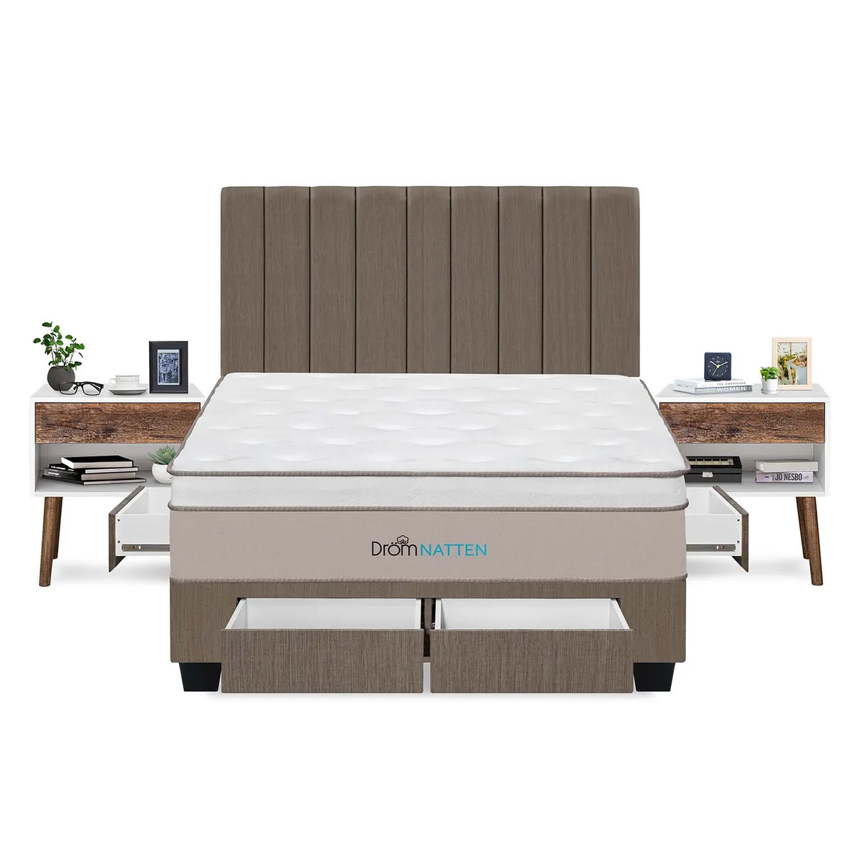 DROM - Dormitorio Con Cajones Natten King + 2 Veladores + 2 Almohadas Viscoelásticas + Protector
