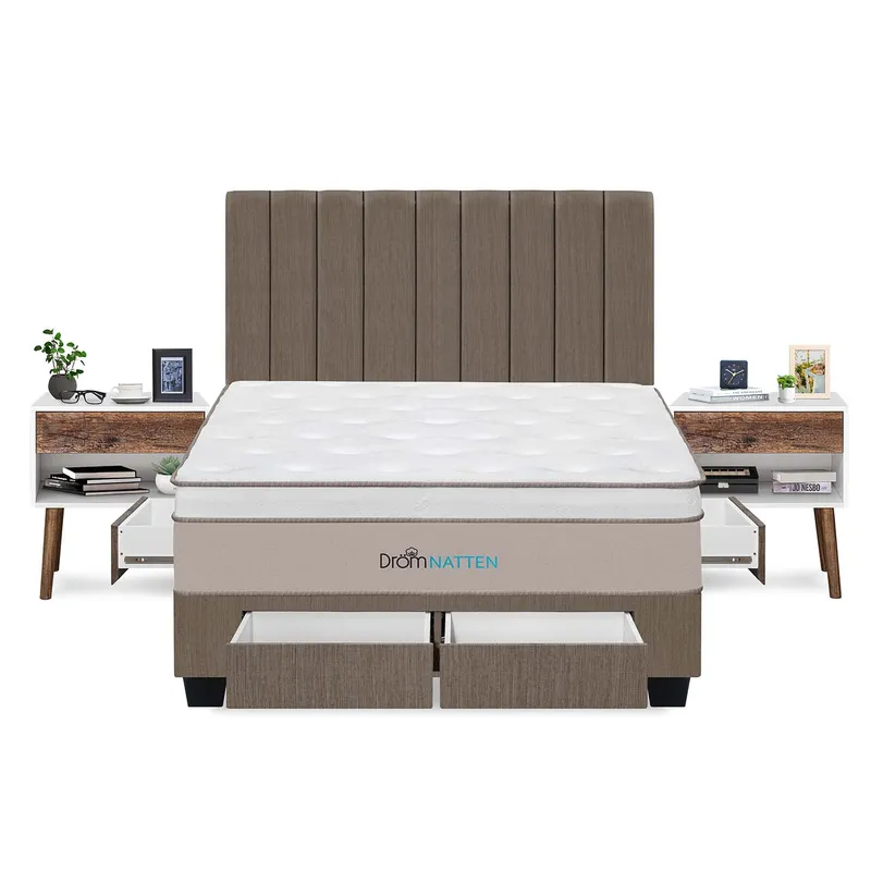 DROM - Dormitorio Con Cajones Natten King + 2 Veladores + 2 Almohadas Viscoelásticas + Protector