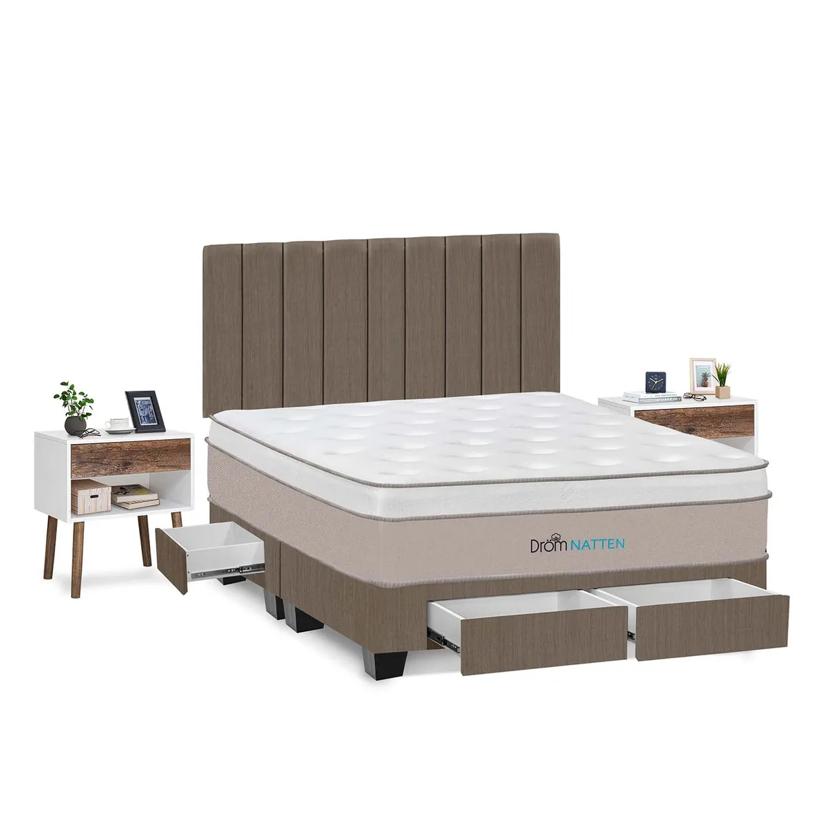 DROM - Dormitorio Con Cajones Natten King + 2 Veladores + 2 Almohadas Viscoelásticas + Protector