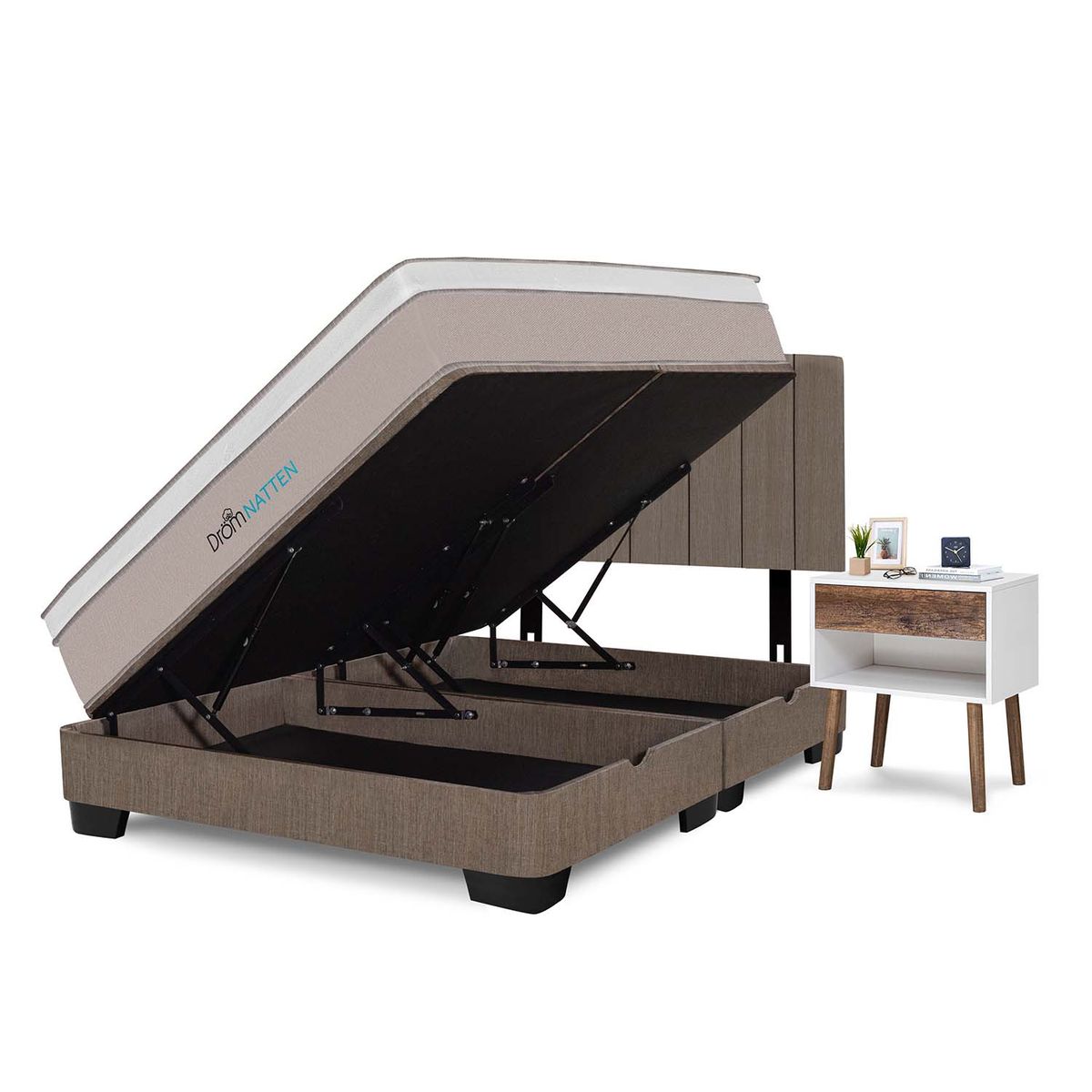 DROM - Dormitorio Boxet Natten Queen + 2 Veladores + 2 Almohadas Viscoelásticas + Protector