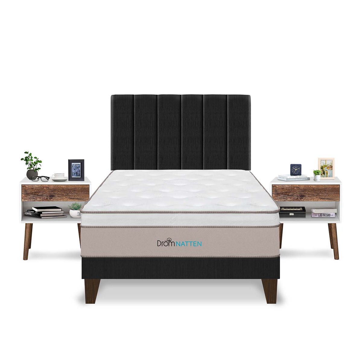DROM - Dormitorio Europeo Natten 2 Plz + 2 Veladores + 2 Almohadas Viscoelásticas + Protector