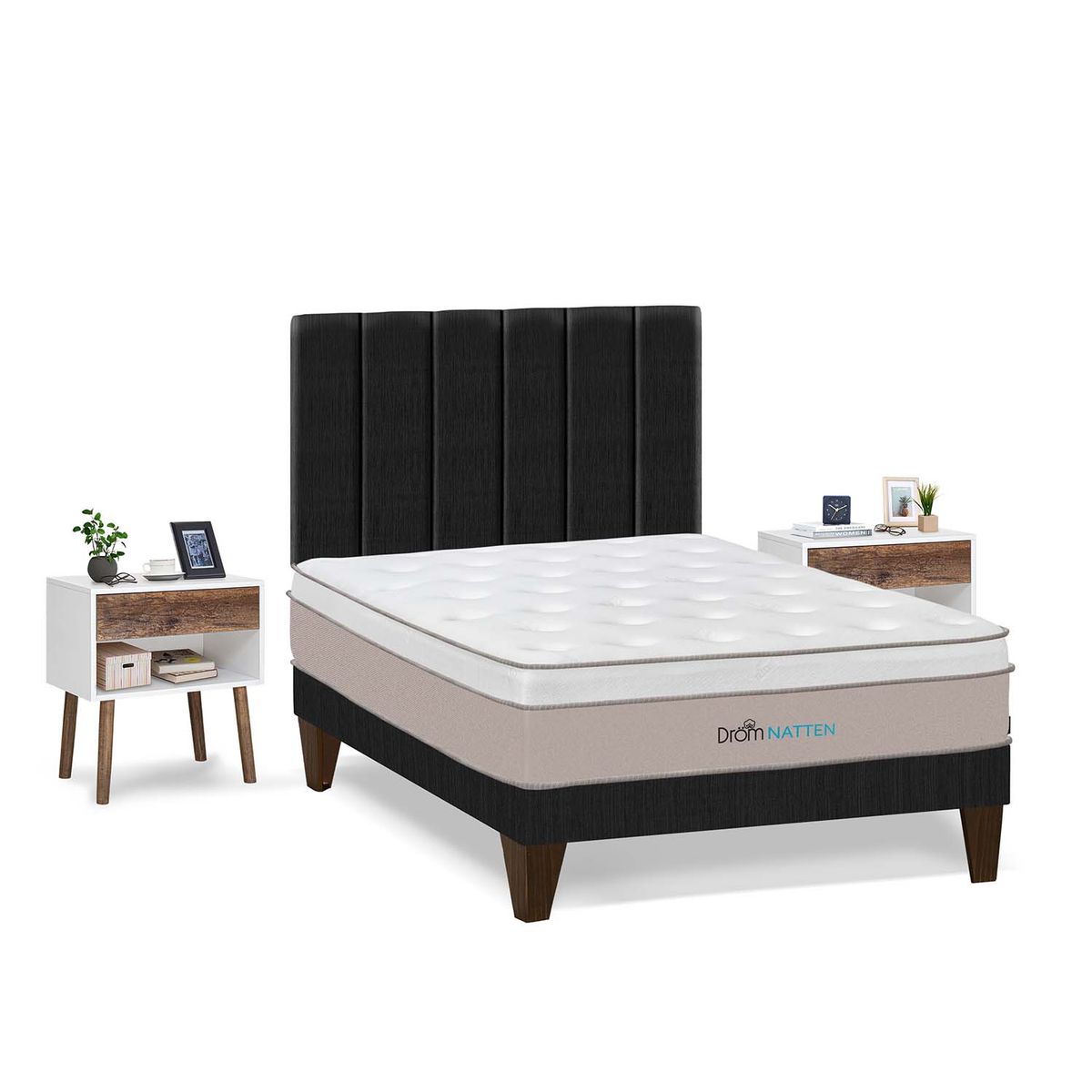 DROM - Dormitorio Europeo Natten 2 Plz + 2 Veladores + 2 Almohadas Viscoelásticas + Protector