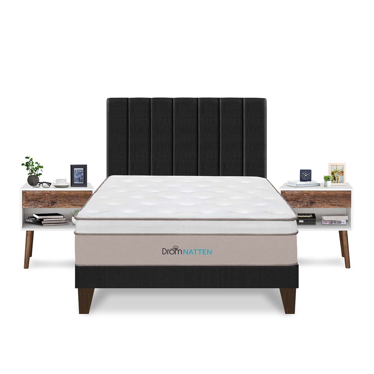 DROM - Dormitorio Europeo Natten Queen + 2 Veladores + 2 Almohadas Viscoelásticas + Protector