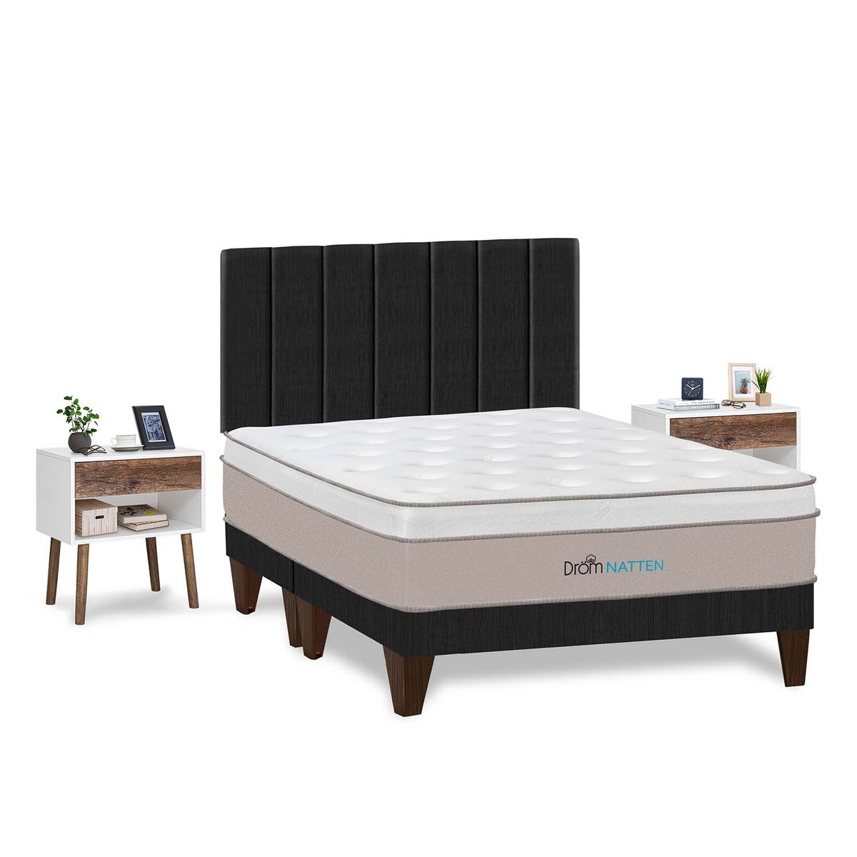 DROM - Dormitorio Europeo Natten Queen + 2 Veladores + 2 Almohadas Viscoelásticas + Protector