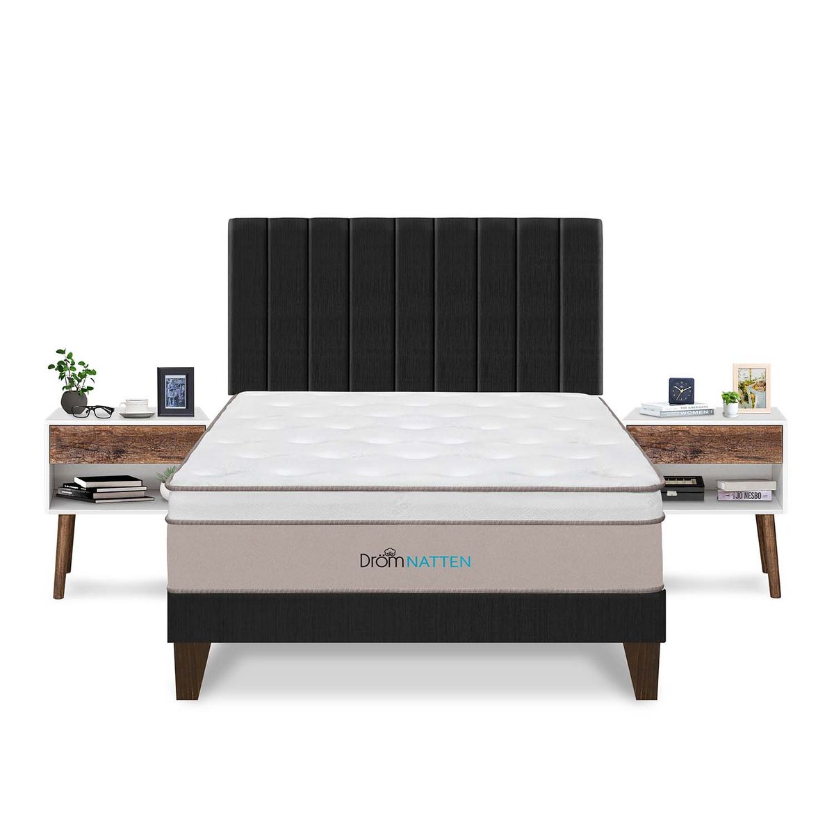 DROM - Dormitorio Europeo Natten King + 2 Veladores + 2 Almohadas Viscoelásticas + Protector
