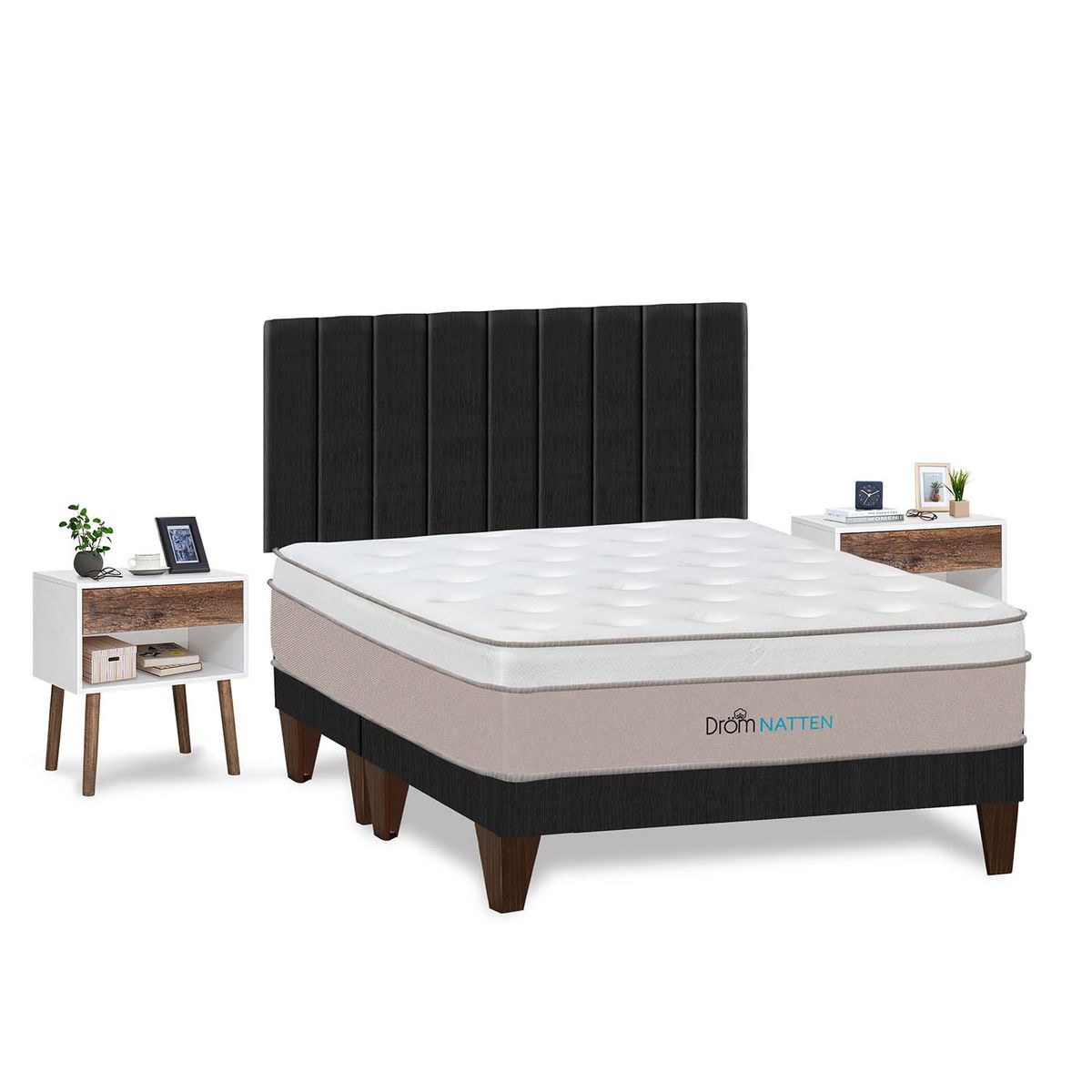 DROM - Dormitorio Europeo Natten King + 2 Veladores + 2 Almohadas Viscoelásticas + Protector