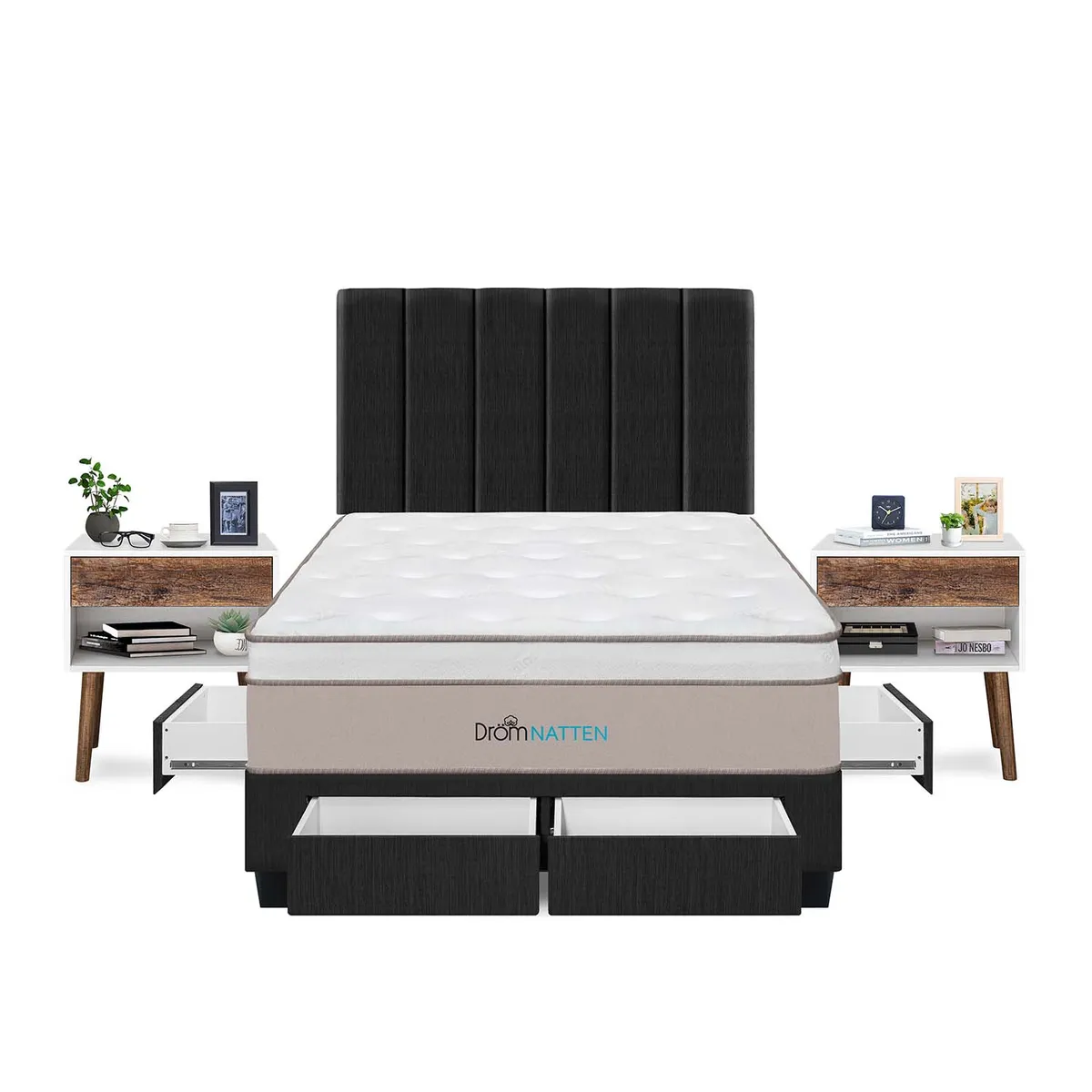 DROM - Dormitorio Con Cajones Natten 2 Plz + 2 Veladores + 2 Almohadas Viscoelásticas + Protector