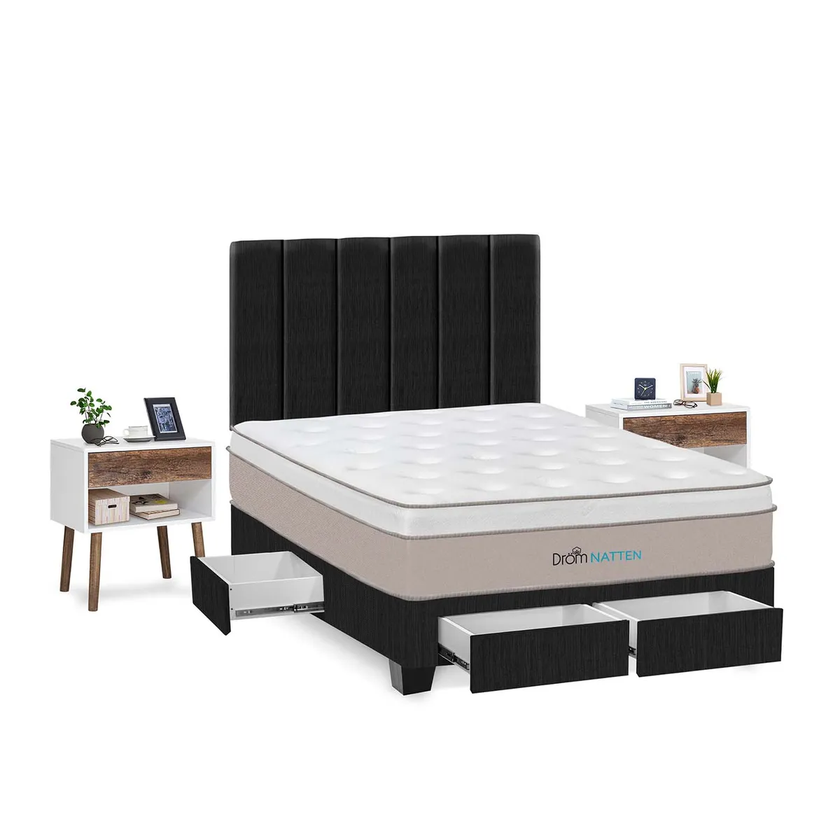 DROM - Dormitorio Con Cajones Natten 2 Plz + 2 Veladores + 2 Almohadas Viscoelásticas + Protector
