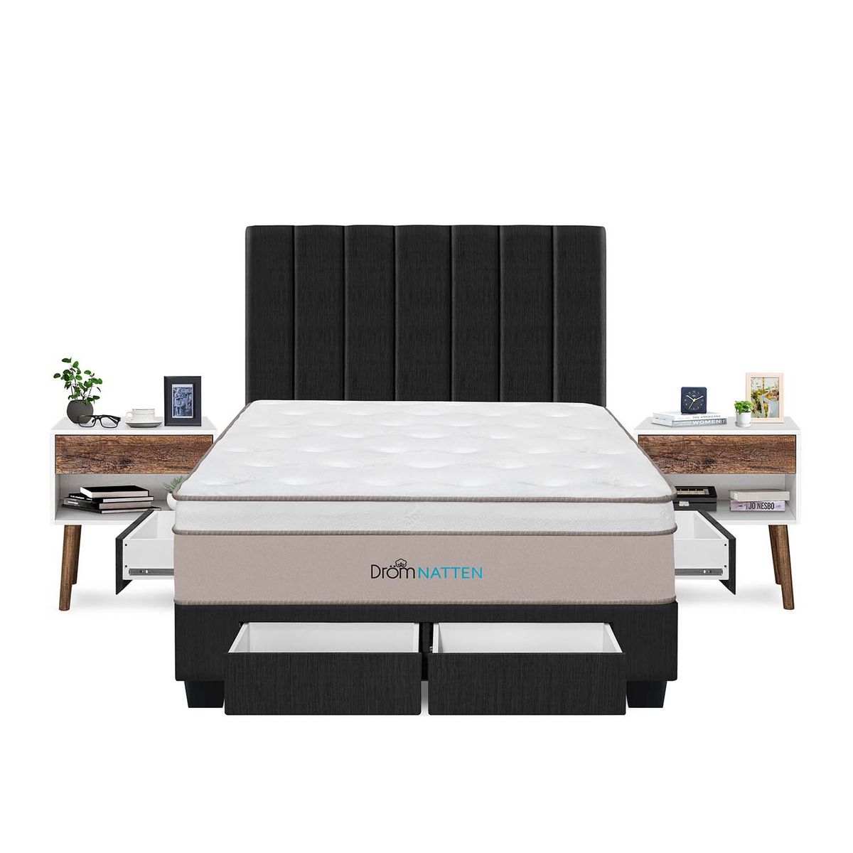 DROM - Dormitorio Con Cajones Natten Queen + 2 Veladores + 2 Almohadas Viscoelásticas + Protector