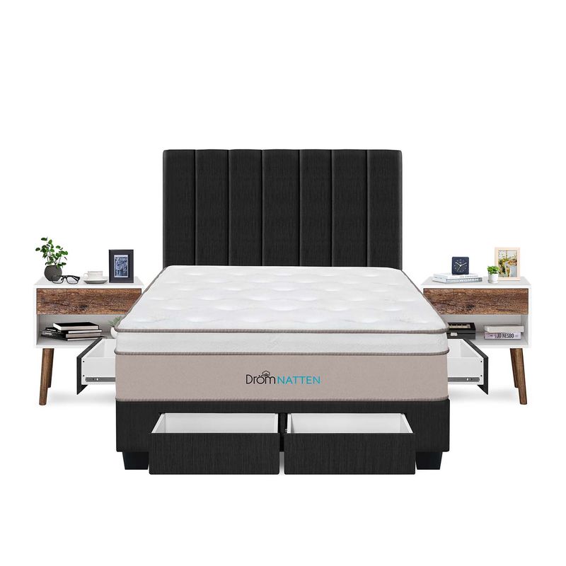 DROM - Dormitorio Con Cajones Natten Queen + 2 Veladores + 2 Almohadas Viscoelásticas + Protector