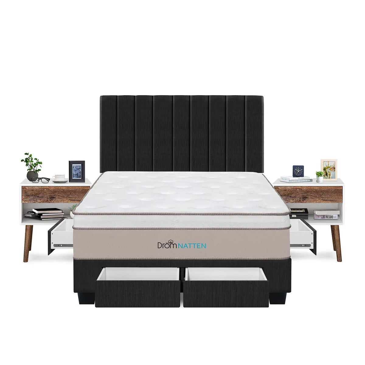 DROM - Dormitorio Con Cajones Natten King + 2 Veladores + 2 Almohadas Viscoelásticas + Protector
