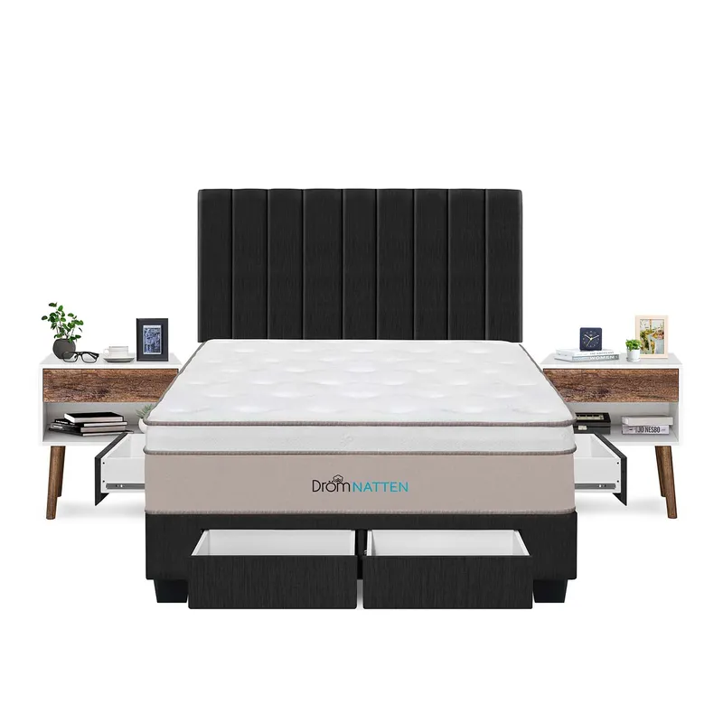 DROM - Dormitorio Con Cajones Natten King + 2 Veladores + 2 Almohadas Viscoelásticas + Protector