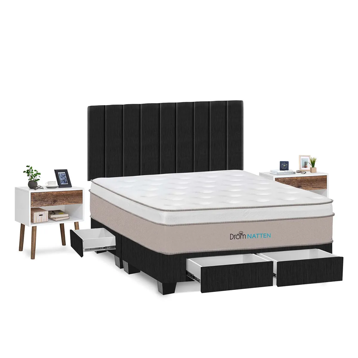 DROM - Dormitorio Con Cajones Natten King + 2 Veladores + 2 Almohadas Viscoelásticas + Protector