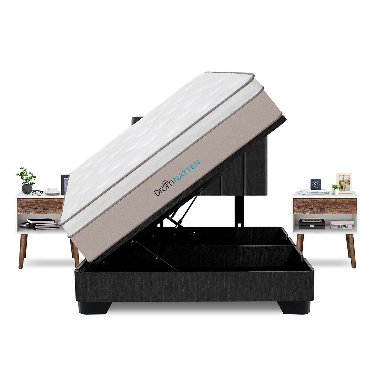 DROM - Dormitorio Boxet Natten 2 Plz + 2 Veladores + 2 Almohadas Viscoelásticas + Protector