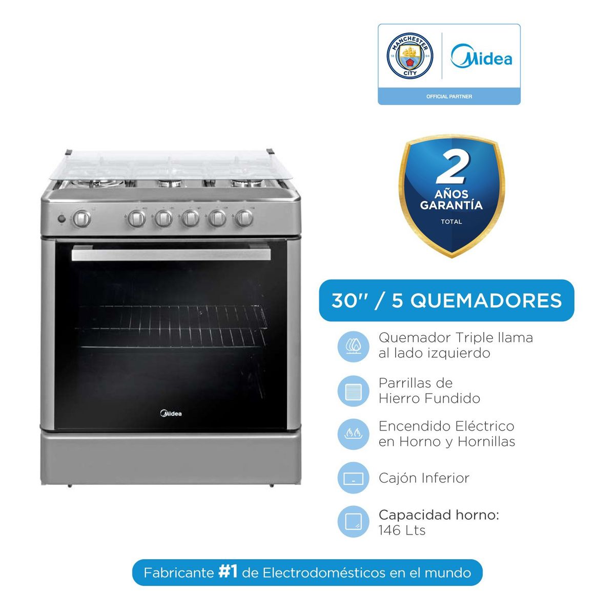 MIDEA - Cocina a Gas 5 Hornillsa 30'' Negro MGS30FS2LBAMB-PE