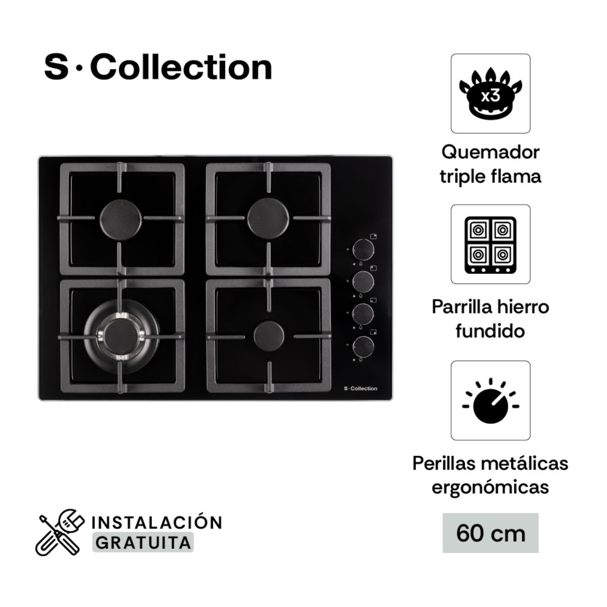 SCOLLECTION - Encimera Scollection Black Glass A Gas 60cm