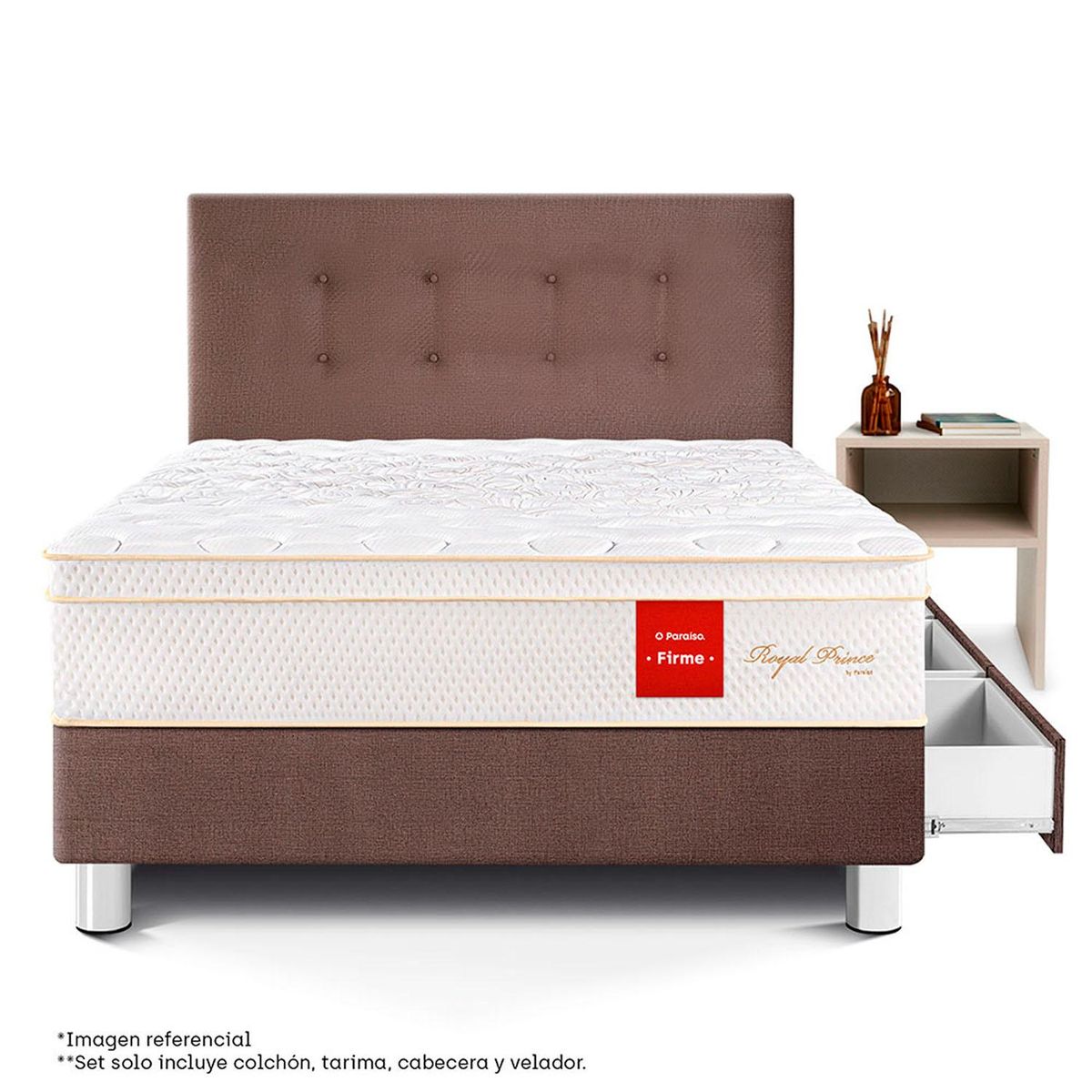 PARAISO - Dormitorio Royal Prince Firme Con Cajones 1.5 Plz Chocolate + 1 Velador Repisa + 1  Almohada Viscoelástica