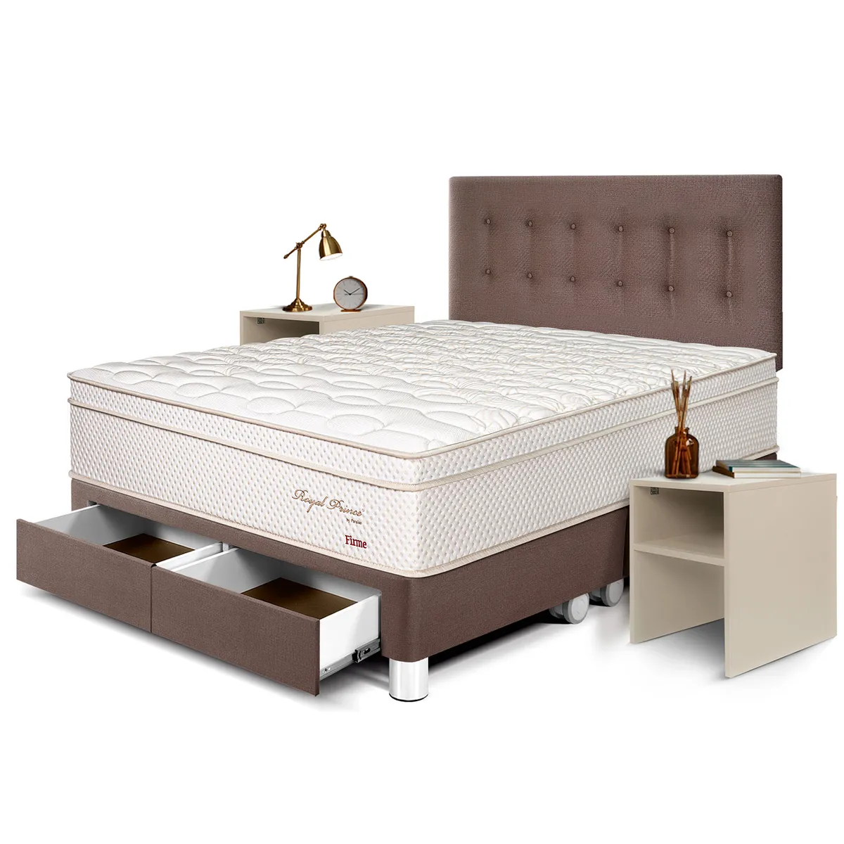 PARAISO - Dormitorio Royal Prince Firme Con Cajones Queen Chocolate + 2 Velador Repisa + 2 Almohadas Viscoelásticas