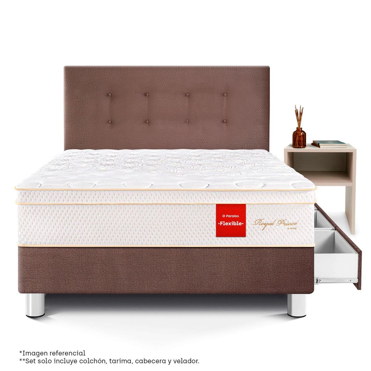 PARAISO - Dormitorio Royal Prince Flexible Con Cajones 1.5 Plz Chocolate + 1 Velador Repisa + 1 Almohada Viscoelástica
