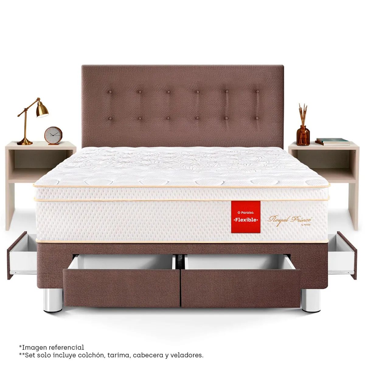 PARAISO - Dormitorio Con Cajones Royal Prince Flex Queen + 2 Veladores Repisa + 2 Almohadas Viscoelásticas + Protector
