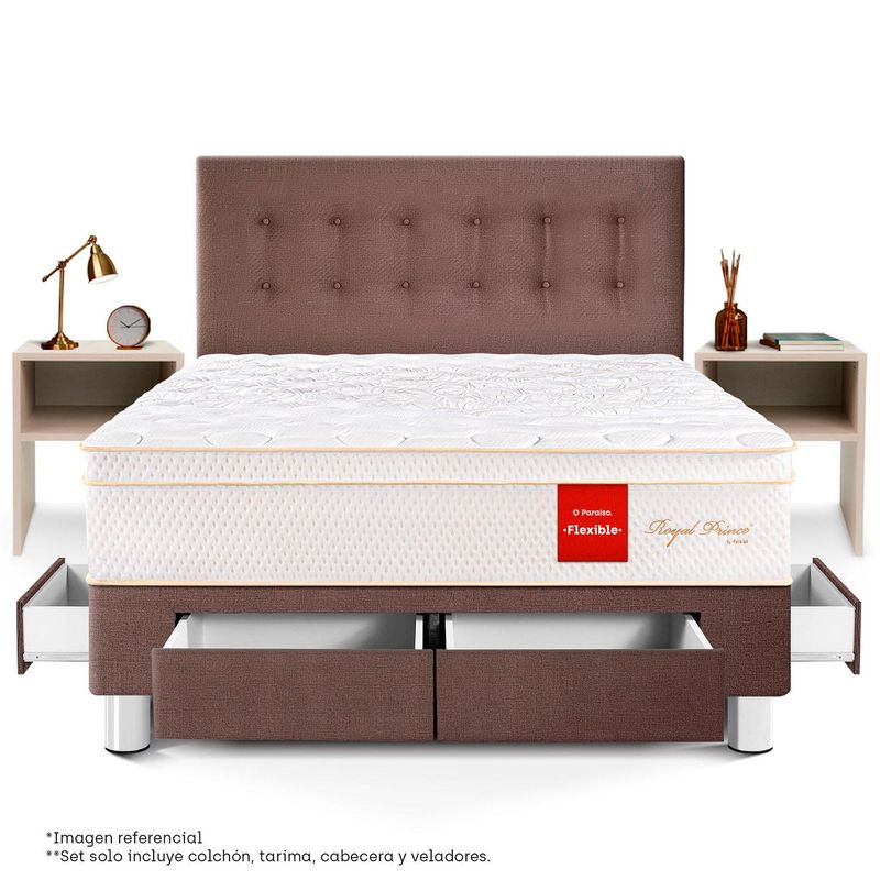 PARAISO - Dormitorio Con Cajones Royal Prince Flex Queen + 2 Veladores Repisa + 2 Almohadas Viscoelásticas + Protector