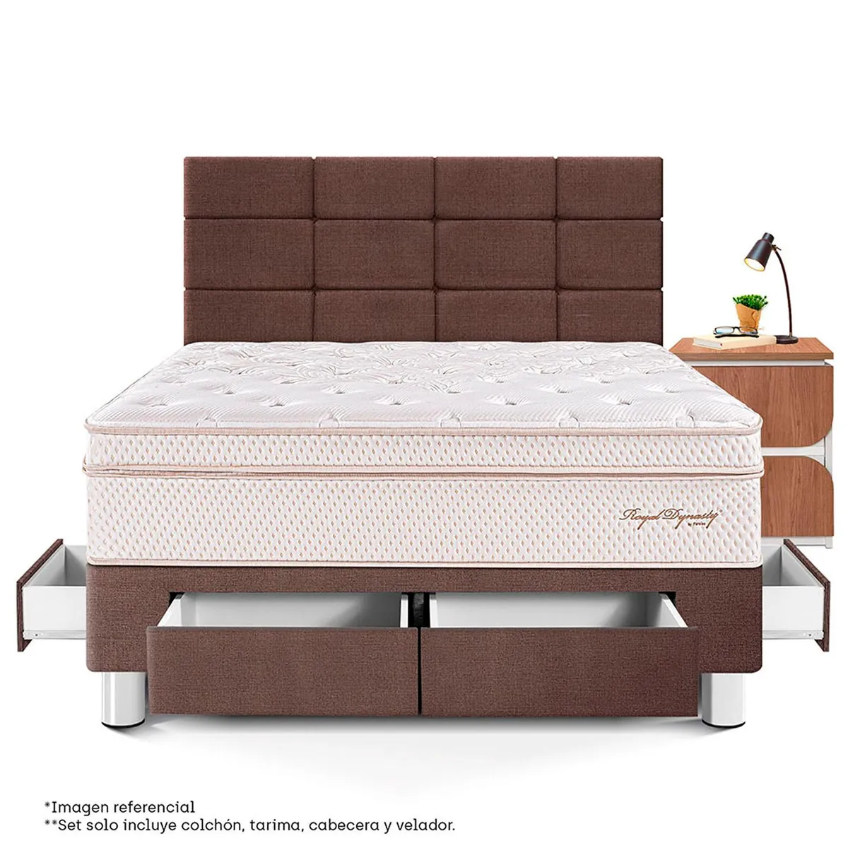 PARAISO - Dormitorio Con Cajones Royal Dynasty Blocks 2 Plz + 1 Velador Moon + 2 Almohadas Viscoelásticas + Protector