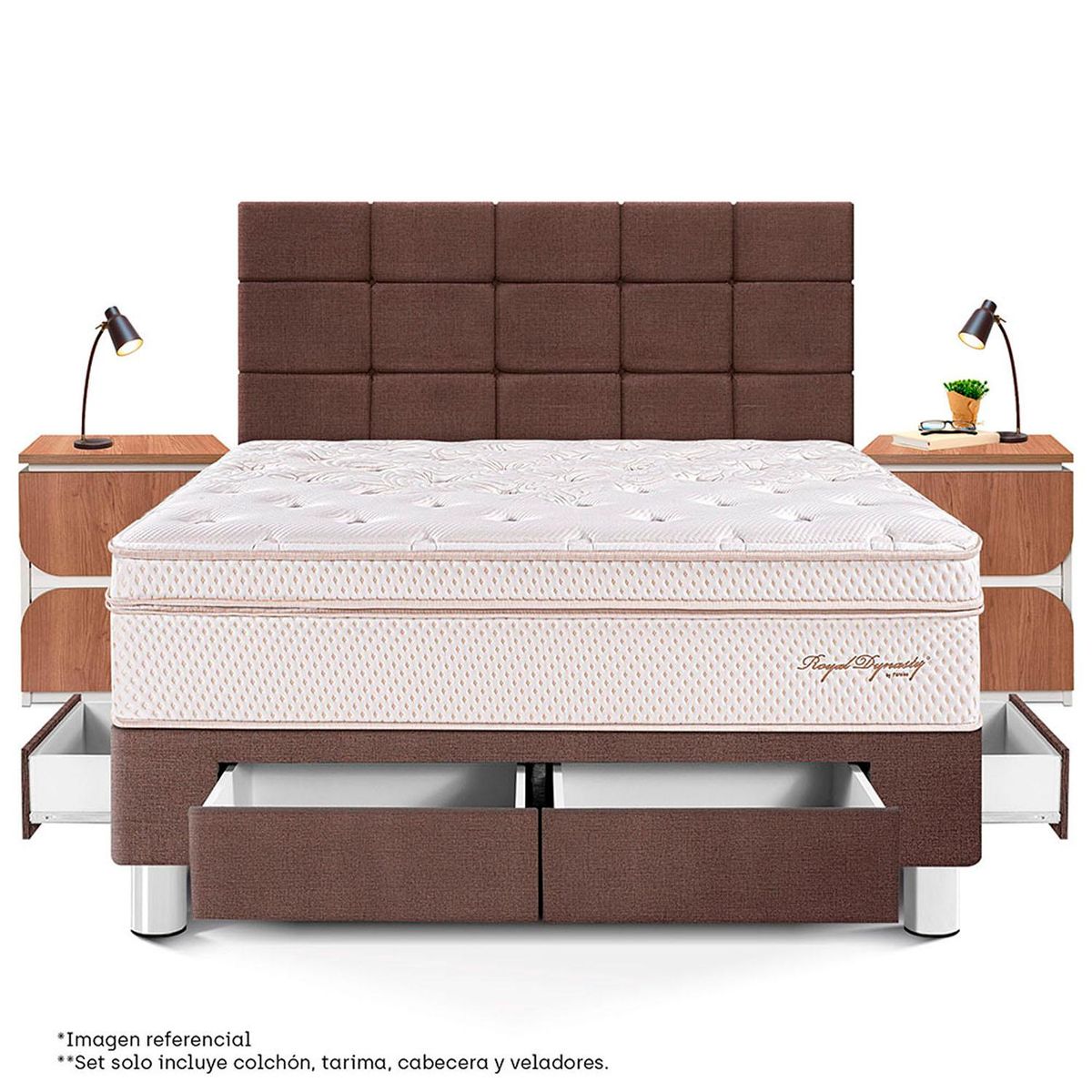 PARAISO - Dormitorio Con Cajones Royal Dynasty Blocks Queen + 2 Veladores Moon + 2 Almohadas Viscoelásticas + Protector